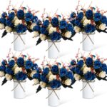 6-Piece Wedding Centerpieces – Dark Blue Faux Rose Bouquets in Metal Pots for Event & Table Décor