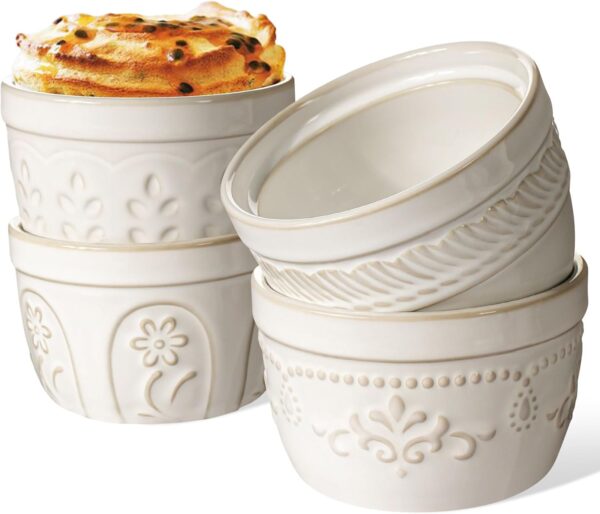 Embossed Ceramic Ramekins 8 oz – Oven Safe, Set of 4, White (Assorted Patterns)
