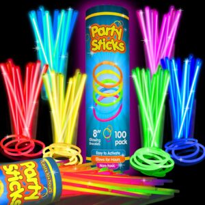 PartySticks 100pk Glow Sticks – 8" Neon Glow in the Dark Party Favors & Decorations with Connectors