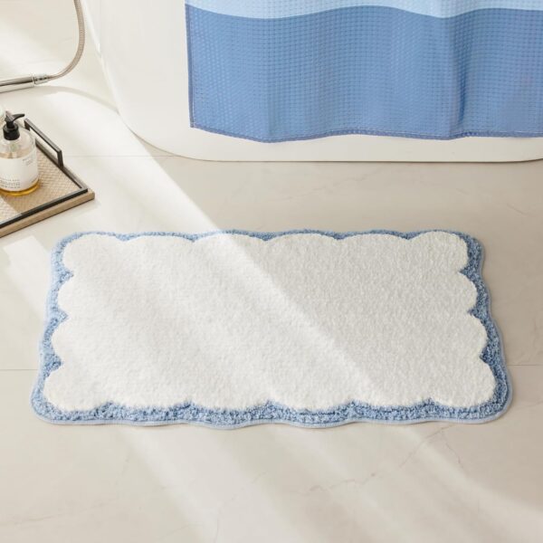 Microfiber Bath Rug 32"x20" – White with Blue Scalloped Trim, Cute Preppy Style, Non-Slip & Absorbent