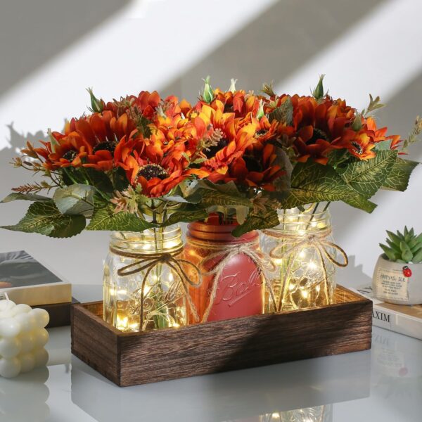 3-Piece Fall Mason Jar Centerpiece – LED Light, Wood Tray, Farmhouse Table Décor (Orange)