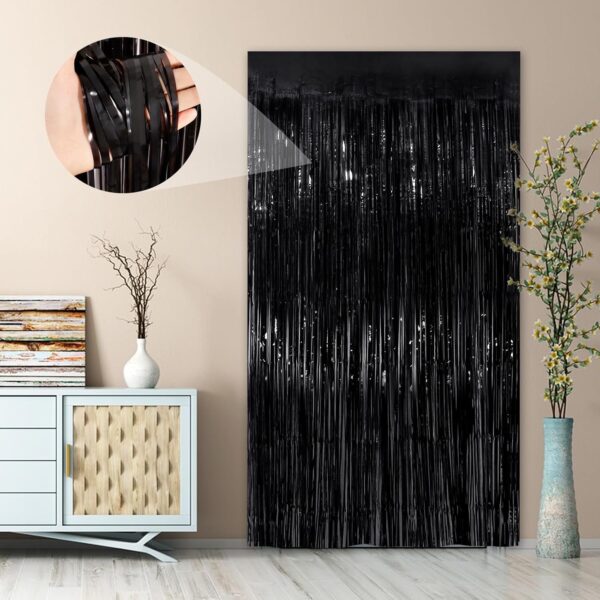 Black Fringe Curtains – 2 Pack (3.3x8.3 ft) Foil Backdrop for Parties & Events