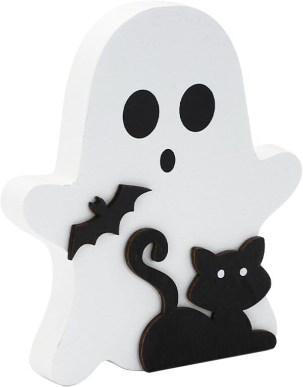 Ghost Halloween Wooden Sign – Cute Black Cat Décor for Tiered Tray & Party Display
