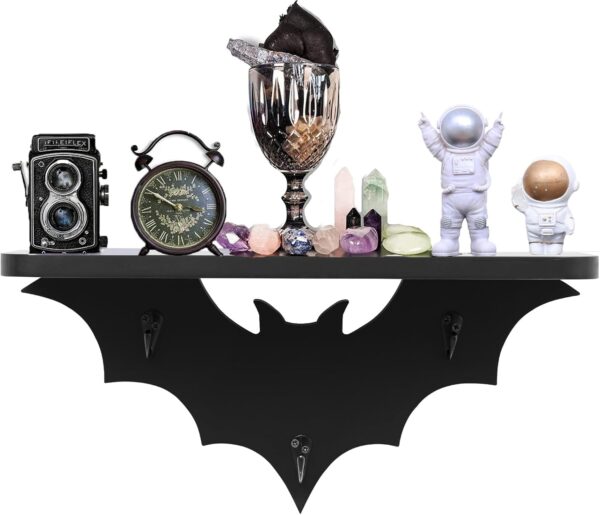 Bat Wall Shelf – Black Floating Shelves with 3 Hooks for Goth, Halloween, or Bedroom Décor