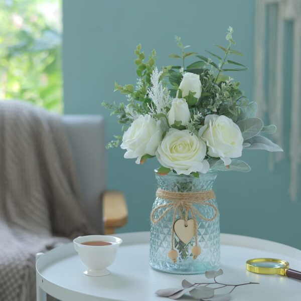Faux Roses with Vase – Silk Flowers & Eucalyptus Arrangement for Home, Office, or Table Décor (White)