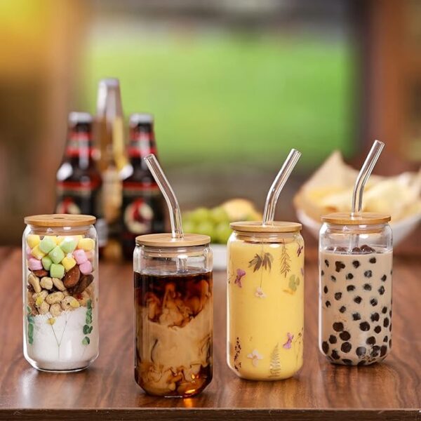 4pc Drinking Glass Set – 16oz with Bamboo Lids, Glass Straws & Brushes
