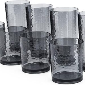 Set of 8 Acrylic Tumblers – 14oz & 20oz, Smoky Grey, Hammered, BPA-Free, Dishwasher Safe