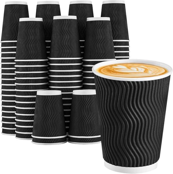 100-Pack 12oz Black Disposable Coffee Cups – Insulated Corrugated for Hot Beverages