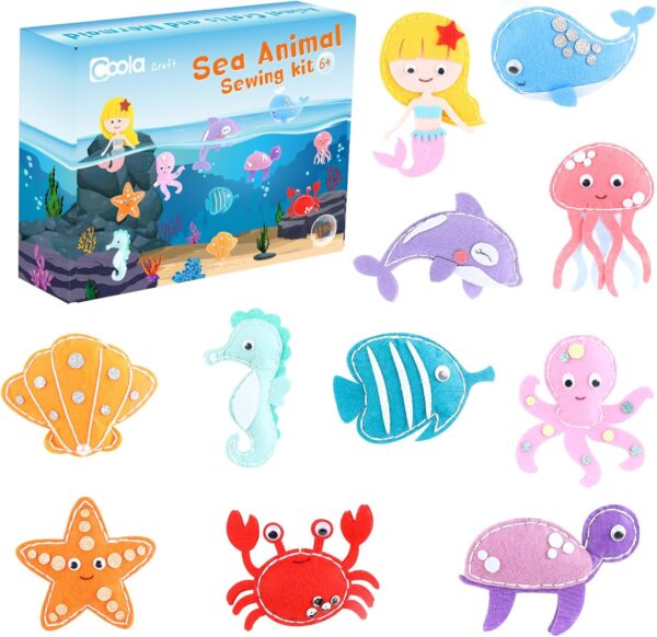Sewing Kit for Kids - Ocean Felt Craft Set with 11 Sea Animals & Video Guide