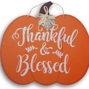 Thankful & Blessed Pumpkin Sign – 12"x12" Hanging Fall Decor