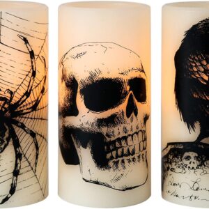 Halloween Flickering Candles Set – 3 LED Battery-Operated Candles with Skull, Spider Web & Crow Decals