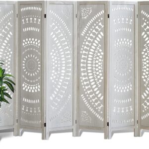 6-Panel Wood Carved Folding Room Divider, Freestanding Privacy Screen, Retro White