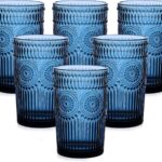 Vintage Blue Drinking Glasses – Set of 6, 13 oz Embossed Flower Tumblers for Water & Cocktails