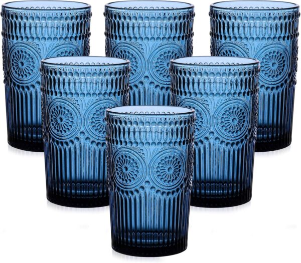 Vintage Blue Drinking Glasses – Set of 6, 13 oz Embossed Flower Tumblers for Water & Cocktails
