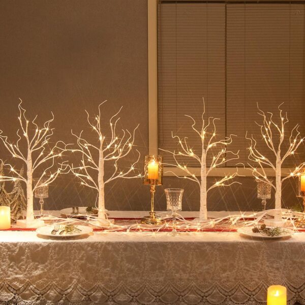 4-Pack 2FT Lighted Birch Trees – Warm White LEDs, Timer, USB/Battery Powered