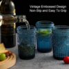 Vintage Blue Drinking Glasses – Set of 6, 13 oz Embossed Flower Tumblers for Water & Cocktails - Image 2