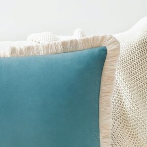 Velvet Throw Pillow Covers, Set of 4, 18x18 inch, Fringe Tassel, Orange/Teal