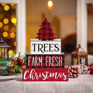4 Pcs Christmas Wooden Decor – Neutral Xmas Tree Block Sign, Buffalo Plaid Centerpiece for Home, Office, Desk, Farmhouse Decorations