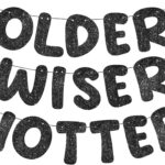 Older Wiser Hotter Banner – Set of 3 Pre-Strung Black Glitter Signs for Milestone Birthdays