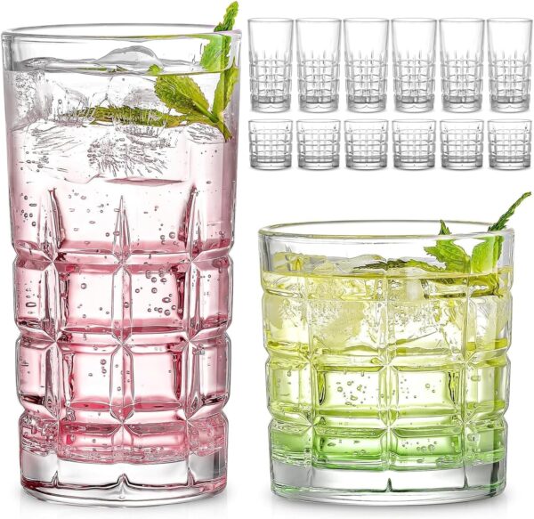 12-Piece Clear Glassware Set – 15oz Highball & 11oz Rock Glasses for Water, Cocktails, Coffee & More