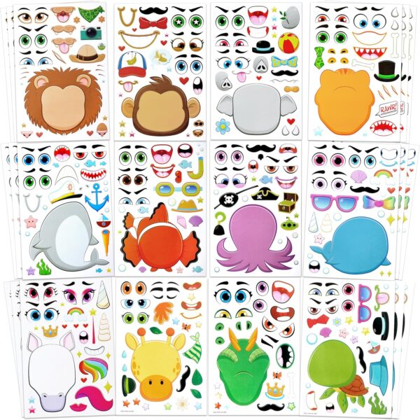36 PCS Make-a-Face Animal Sticker Sheets for Kids – Mix & Match Safari, Sea & Fantasy Animals