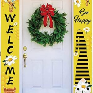 Welcome Bee Happy Banner – 11.8x70.9" Bee & Gnome Porch Sign for Summer Decor