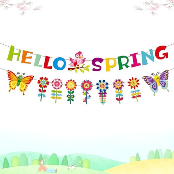 Hello Spring Flower Banner – Glittery Easter Garland for Mantel & Fireplace Decor