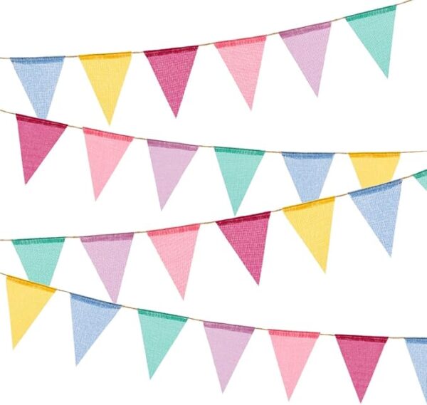 60-Flag Burlap Pennant Banner – Multicolor Rainbow Triangle Bunting for Parties & Classroom Decor