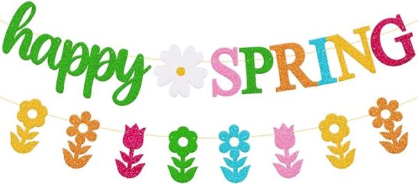 Happy Spring Banner – Glitter Garland & Flower Bouquet for Kids' Party Decor