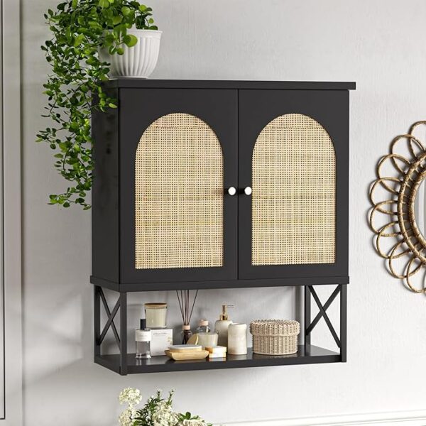 Rattan Bathroom Wall Cabinet with Adjustable Shelves – Black