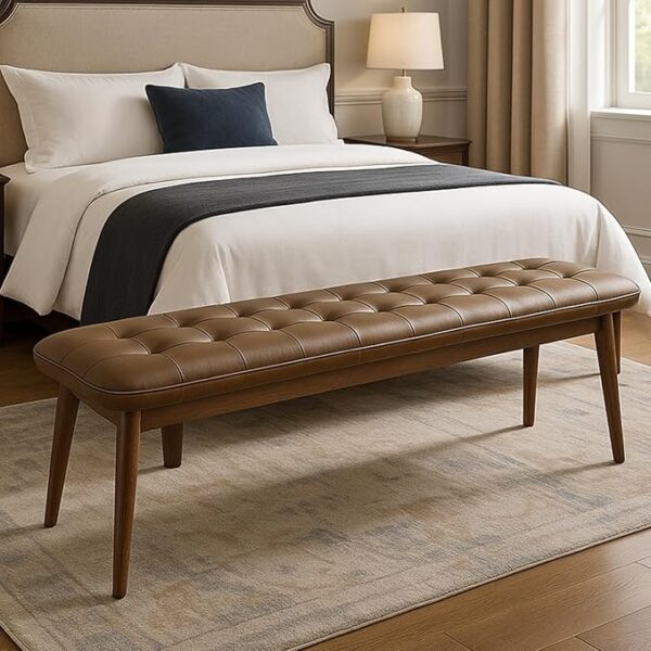 51.2" Leather Dining Bench with Solid Oak Frame – Brown