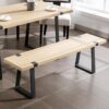 60" Rustic Wooden Dining Bench with Metal Legs – Light Oak - Image 2