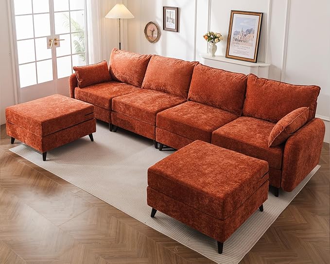 135" U-Shaped Velvet Sectional Sofa with Storage & Ottoman – Orange
