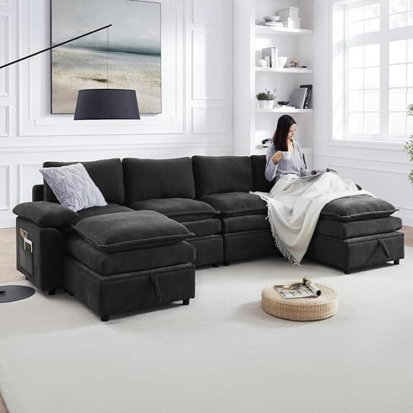 123" U-Shaped Modular Cloud Sofa Set with Storage & Removable Ottoman