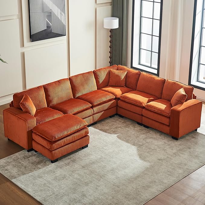 6-Seater Corduroy Modular Sectional Sofa with Ottoman – Burnt Orange