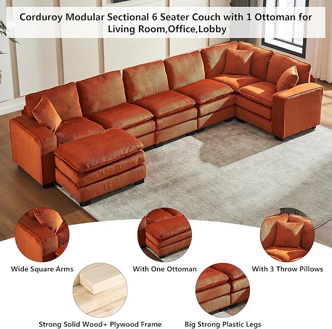 6-Seater Corduroy Modular Sectional Sofa with Ottoman – Burnt Orange - Image 3