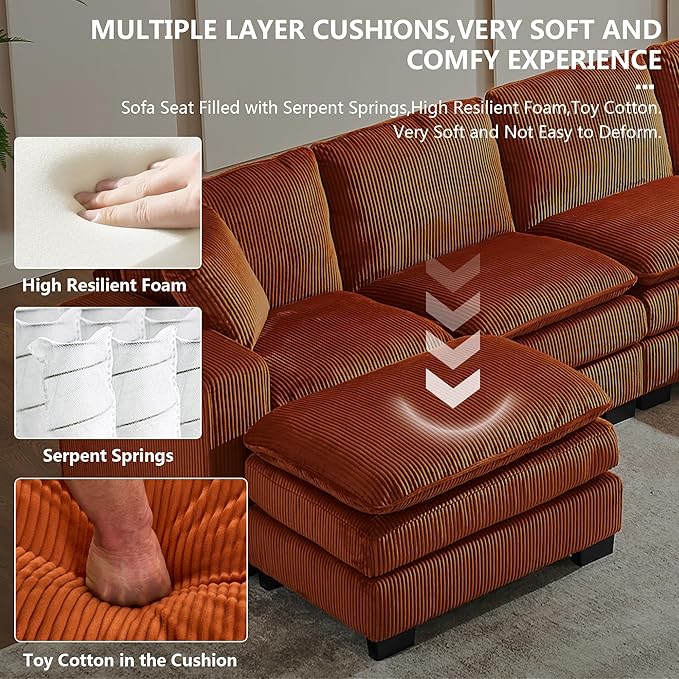 6-Seater Corduroy Modular Sectional Sofa with Ottoman – Burnt Orange - Image 4