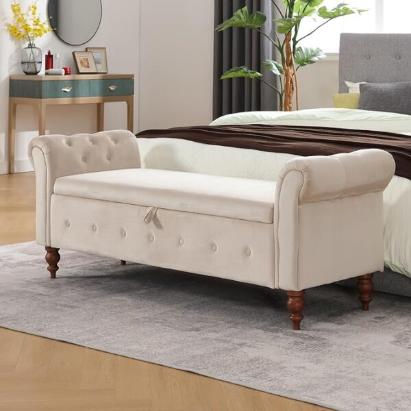 63" Velvet Storage Ottoman Bench with Arms (Beige)