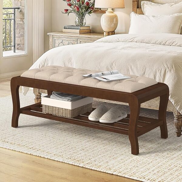 49" Upholstered Storage Bench with Shelf (Linen, Wooden Legs)