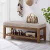 24KF 24" Tufted Linen Upholstered Ottoman Bench with Wood Shelf - Image 2