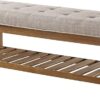 24KF 24" Tufted Linen Upholstered Ottoman Bench with Wood Shelf - Image 3