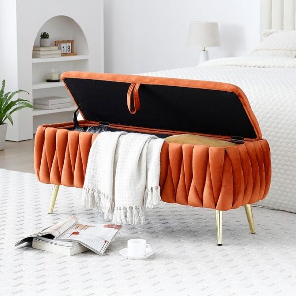 44" Oval Storage Ottoman Bench (Orange, Gold Legs, Velvet)