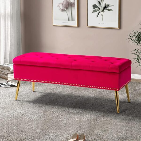 Velvet Storage Ottoman Bench (Fuchsia, Gold Base)