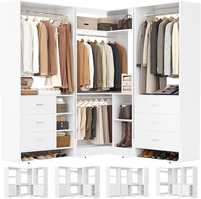 86.8" L-Shaped Closet System with 6 Drawers & 4 Rods, White