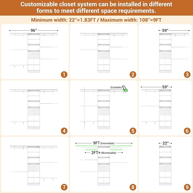 4.75–8FT Closet System with Wooden Drawers & Cube Storage, Cuttable Shelving, White - Image 3