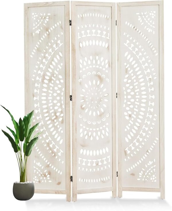 66.9" 3-Panel Wood Carved Folding Room Divider, Freestanding Privacy Screen, White-Washed