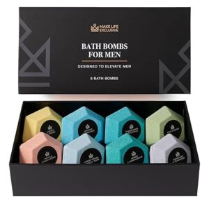 Bath Bombs for Men – 8 Large Diamond-Shaped, Natural with Essential Oils, Gift Set