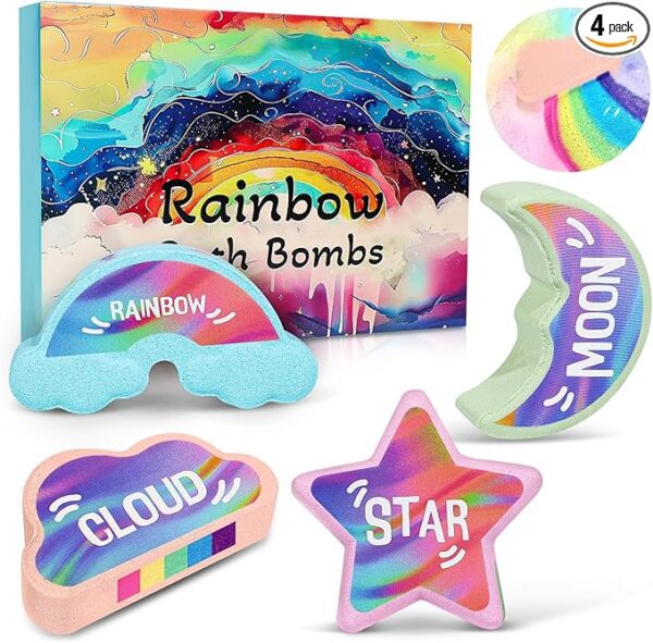 Rainbow Bath Bombs for Kids – 4 Handmade Organic Bath Bombs, Birthday Gifts for Girls