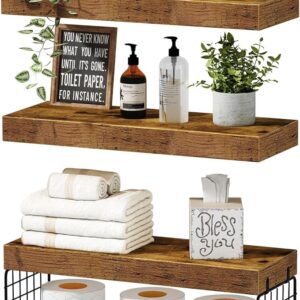 Over Toilet Bathroom Shelves – Wall-Mounted, 16" Floating Storage, Set of 3, Rustic Brown