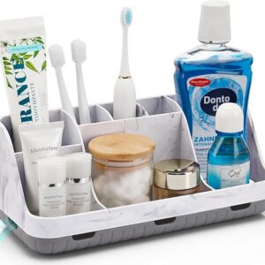 Marble Bathroom Organizer – 7-Slot Toothbrush & Toothpaste Holder, Grey